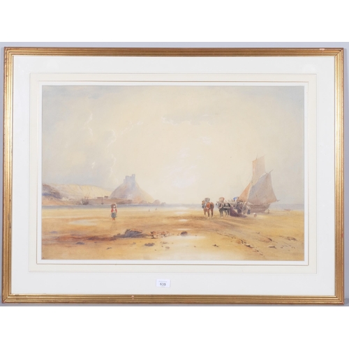 639 - 19th century British School, fisherfolk on beach, watercolour, unsigned, 48cm x 72cm, framed