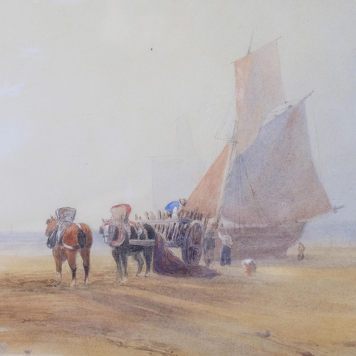 639 - 19th century British School, fisherfolk on beach, watercolour, unsigned, 48cm x 72cm, framed