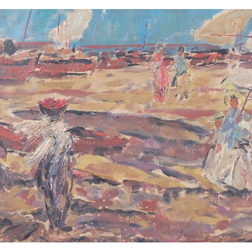 646 - Impressionist beach scene, 20th century oil on canvas, indistinctly signed, 30cm x 36cm, framed