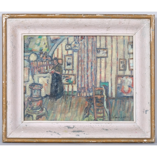 648 - Cottage interior scene, oil on board, indistinctly signed, 28cm x 36cm, framed