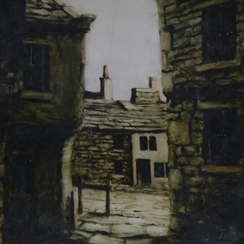 650 - Back street scene, mid-20th century oil on board, unsigned, 75cm x 61cm, unframed