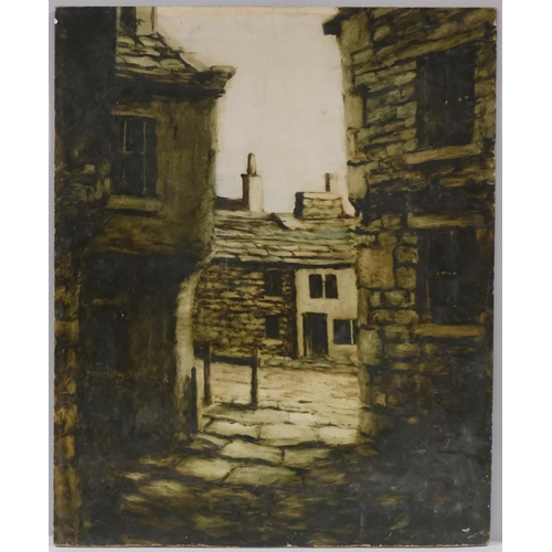 650 - Back street scene, mid-20th century oil on board, unsigned, 75cm x 61cm, unframed