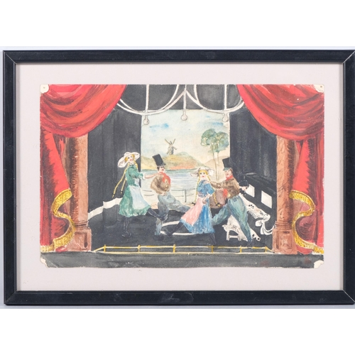 654 - 3 early 20th century theatrical stage set designs, watercolour, unsigned, 15cm x 23cm, framed (3)