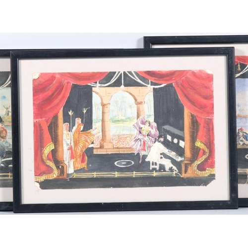 654 - 3 early 20th century theatrical stage set designs, watercolour, unsigned, 15cm x 23cm, framed (3)