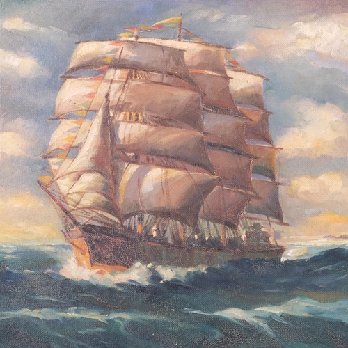 657 - Tall ship on rough seas, contemporary oil on board, signed Ameduk, dated '54, 60cm x 81cm, framed