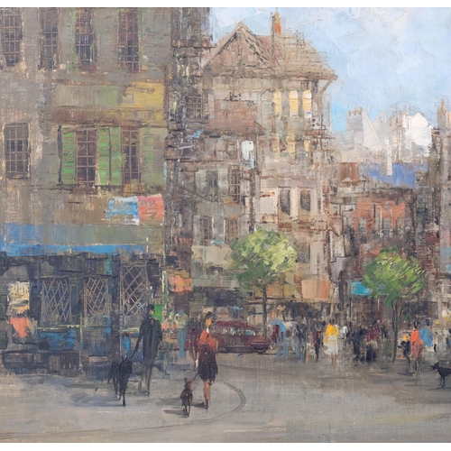 658 - Pair of contemporary Parisian street scenes, oils on board, indistinctly signed, 60cm x 91cm, framed