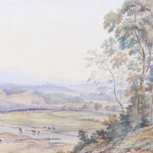 661 - Early 19th century English School, extensive valley landscape, watercolour, unsigned, 31cm x 49cm, f... 