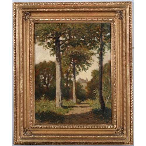 663 - Buildings through trees, early 20th century oil on wood panel, unsigned, 33cm x 25cm, framed