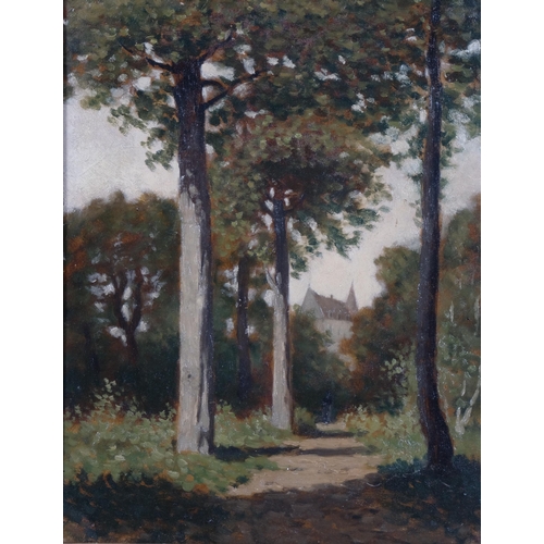 663 - Buildings through trees, early 20th century oil on wood panel, unsigned, 33cm x 25cm, framed