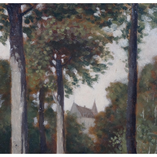 663 - Buildings through trees, early 20th century oil on wood panel, unsigned, 33cm x 25cm, framed