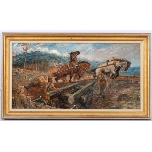 664 - Timber workers, early 20th century oil on canvas, 32cm x 61cm, framed