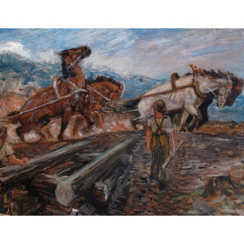 664 - Timber workers, early 20th century oil on canvas, 32cm x 61cm, framed