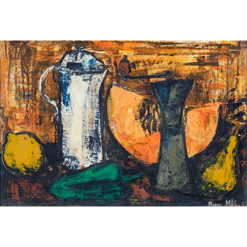 665 - Pierre Mas, abstract still life, oil on board, 1962, 38cm x 54cm, framed