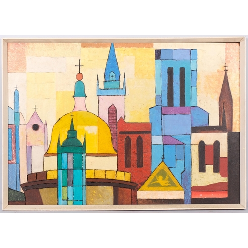 666 - Abstract city rooftops, mid-20th century oil on board, unsigned, 53cm x 75cm, framed, provenance: Gr... 