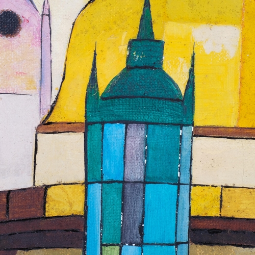 666 - Abstract city rooftops, mid-20th century oil on board, unsigned, 53cm x 75cm, framed, provenance: Gr... 