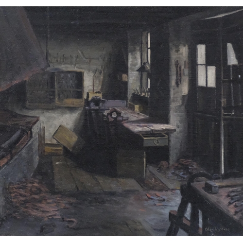 667 - Christian Agens, workshop interior scene, oil on canvas, 74cm x 76cm, framed