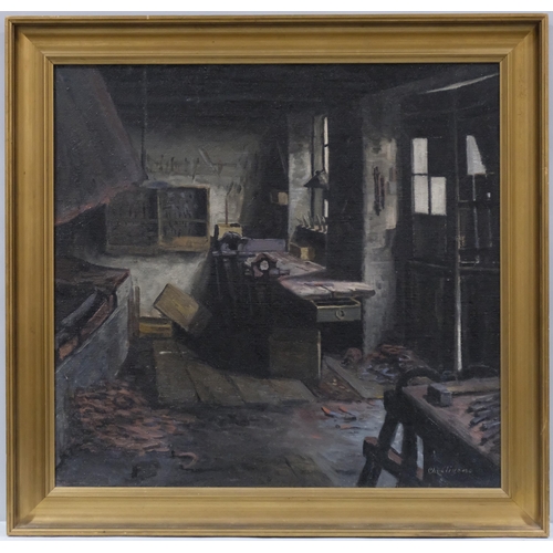 667 - Christian Agens, workshop interior scene, oil on canvas, 74cm x 76cm, framed