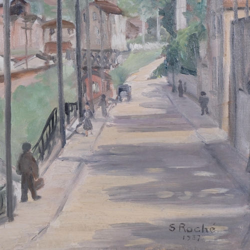 669 - Suzanne Roche, village street scene, 1937, oil on canvas, 60cm x 80cm, unframed