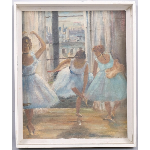 672 - Mid to late 20th century, oil on board, ballet dancers, unsigned, 25cm x 21cm, framed