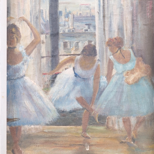 672 - Mid to late 20th century, oil on board, ballet dancers, unsigned, 25cm x 21cm, framed