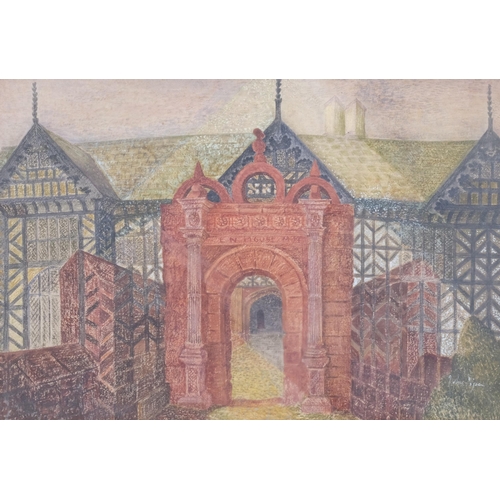 675 - Style of John Piper, gateway to a Tudor house, watercolour, bears signature, 37cm x 53cm, framed