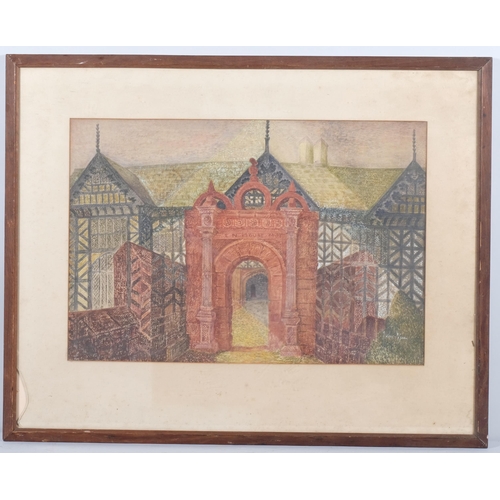 675 - Style of John Piper, gateway to a Tudor house, watercolour, bears signature, 37cm x 53cm, framed