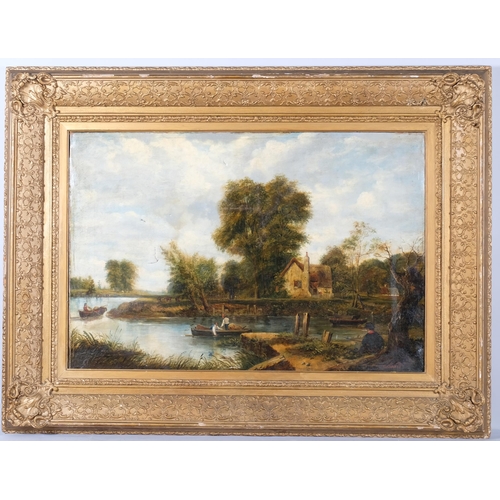 676 - F W Watts, rural river scene, oil on canvas, 62cm x 91cm, framed