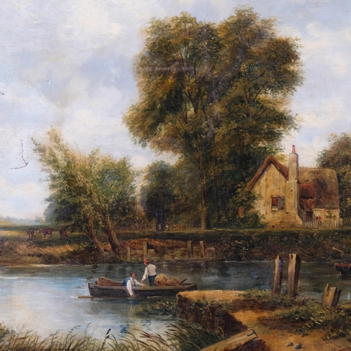 676 - F W Watts, rural river scene, oil on canvas, 62cm x 91cm, framed