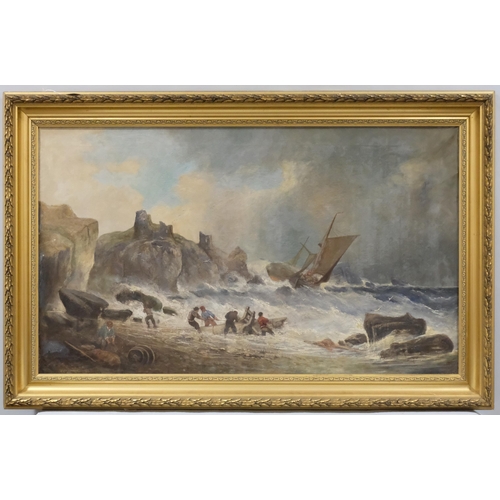 680 - Dramatic shipwreck scene, 19th century oil on canvas, unsigned, 76cm x 127cm, framed