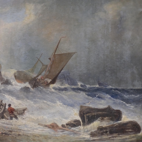 680 - Dramatic shipwreck scene, 19th century oil on canvas, unsigned, 76cm x 127cm, framed