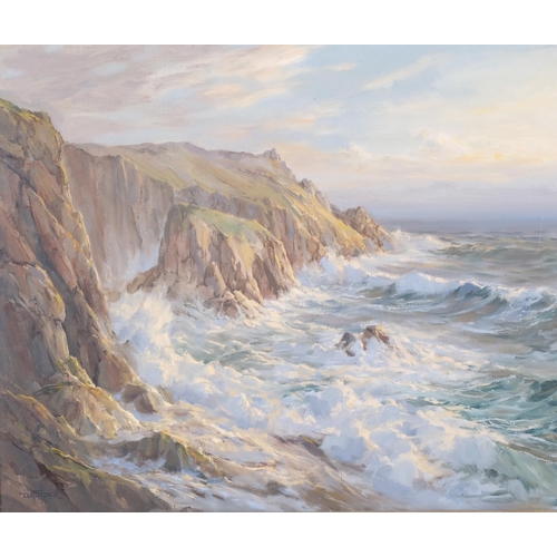 681 - W Piper, rough seas on the coast, oil on canvas, 50cm x 60cm, framed