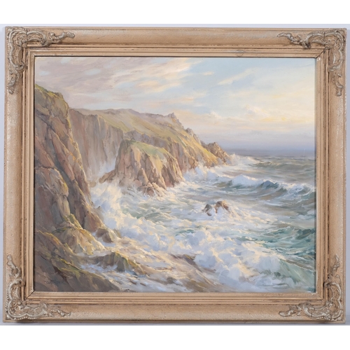 681 - W Piper, rough seas on the coast, oil on canvas, 50cm x 60cm, framed