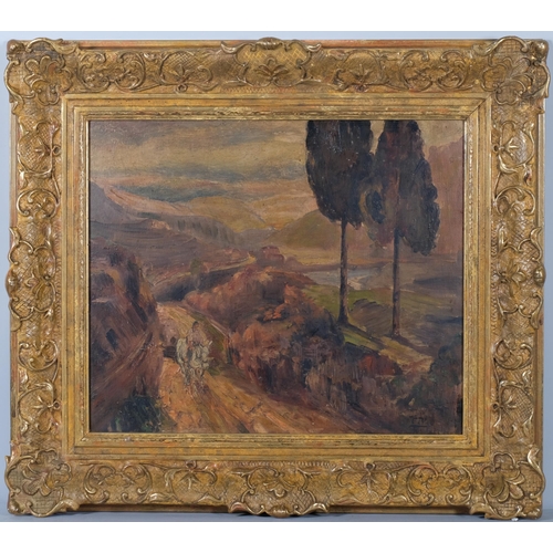 682 - Continental landscape, early 20th century oil on board, indistinctly signed, 45cm x 55cm, framed