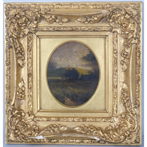 684 - Miniature landscape study, oval oil on board, unsigned, framed, overall frame dimensions 24cm x 23cm