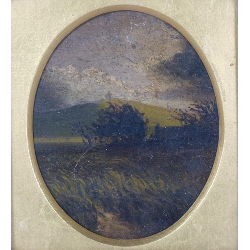 684 - Miniature landscape study, oval oil on board, unsigned, framed, overall frame dimensions 24cm x 23cm