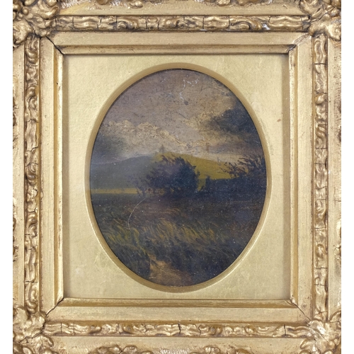 684 - Miniature landscape study, oval oil on board, unsigned, framed, overall frame dimensions 24cm x 23cm