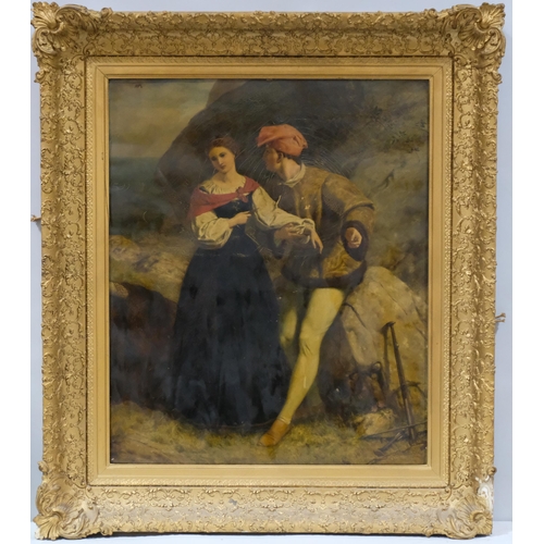 685 - Romantic Italian couple, 19th century oil painting over a printed base, 1866, 75cm x 62cm, framed