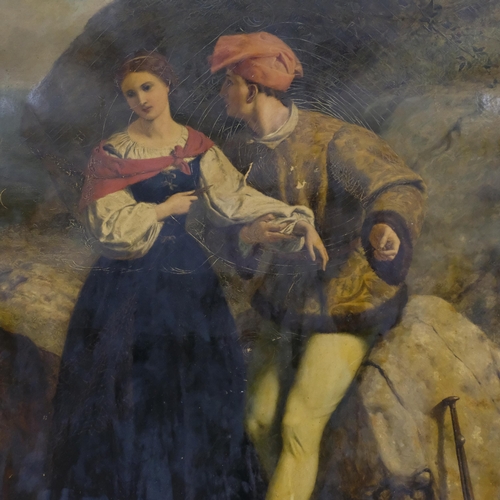 685 - Romantic Italian couple, 19th century oil painting over a printed base, 1866, 75cm x 62cm, framed