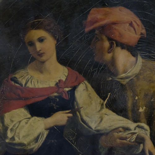 685 - Romantic Italian couple, 19th century oil painting over a printed base, 1866, 75cm x 62cm, framed