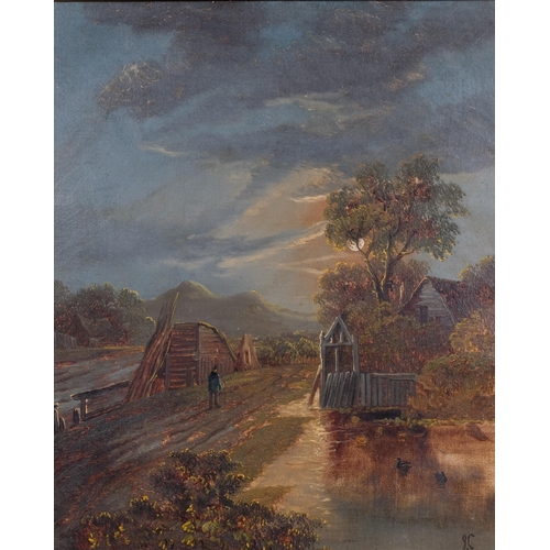 689 - Moonlit landscape, late 19th/early 20th century oil on canvas, signed with monogram JC, 31cm x 26cm,... 