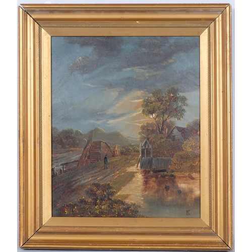 689 - Moonlit landscape, late 19th/early 20th century oil on canvas, signed with monogram JC, 31cm x 26cm,... 