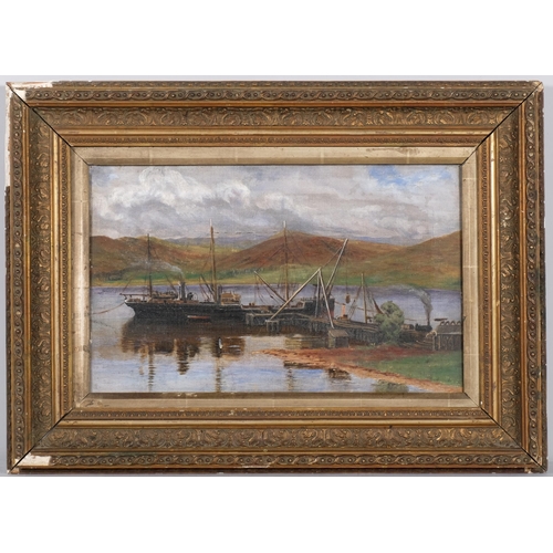 692 - Shipyard in the Highlands, late 19th/early 20th century oil on canvas, unsigned, 25cm x 41cm, framed