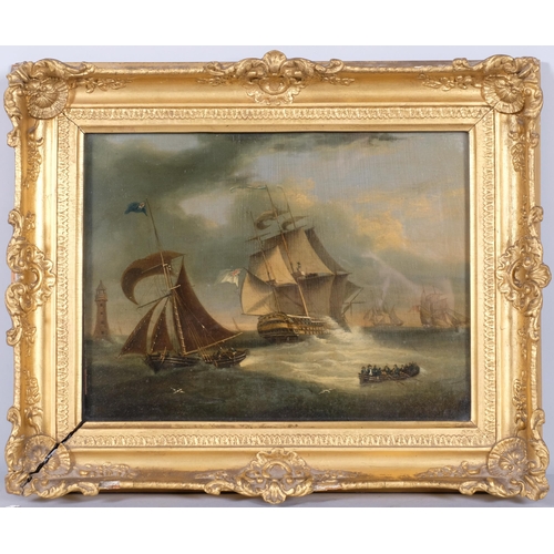 693 - British man-o-war and other shipping on rough seas near a lighthouse, 19th century oil on wood panel... 