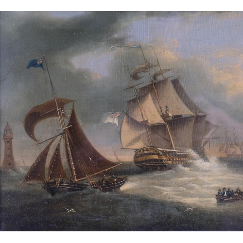 693 - British man-o-war and other shipping on rough seas near a lighthouse, 19th century oil on wood panel... 