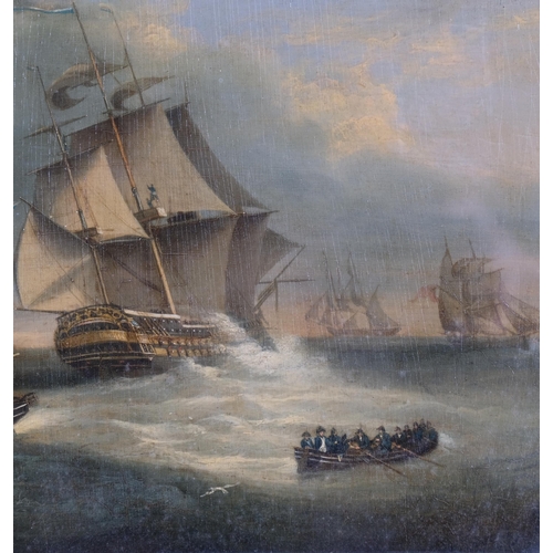 693 - British man-o-war and other shipping on rough seas near a lighthouse, 19th century oil on wood panel... 