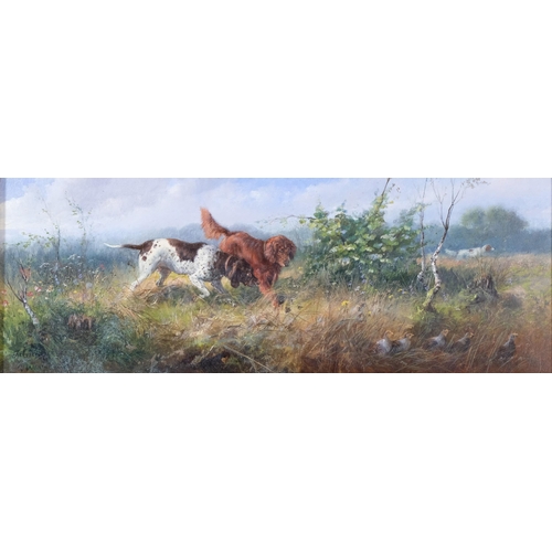 694 - Gundogs and game birds, late 19th century German oil on wood panel, indistinctly signed, 13cm x 36cm... 