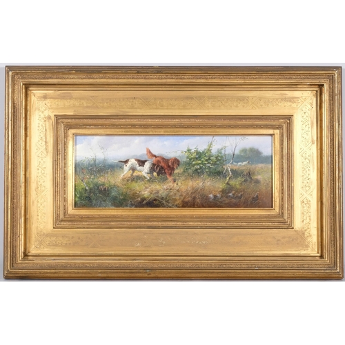 694 - Gundogs and game birds, late 19th century German oil on wood panel, indistinctly signed, 13cm x 36cm... 