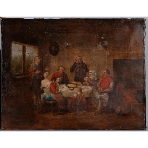 697 - A family gathering, 19th century oil on canvas, unsigned, 45cm x 58cm, and portrait of a soldier, 34... 