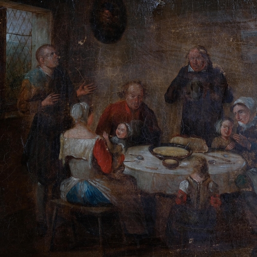 697 - A family gathering, 19th century oil on canvas, unsigned, 45cm x 58cm, and portrait of a soldier, 34... 