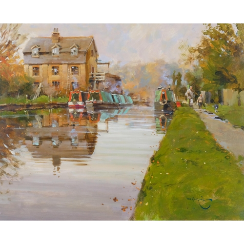 702 - John Haskins (born 1938), canal scene, acrylic on board, 48cm x 59cm, framed